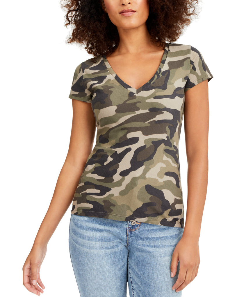 INC International Concepts Women Printed V Neck T Shirt Camile Camo