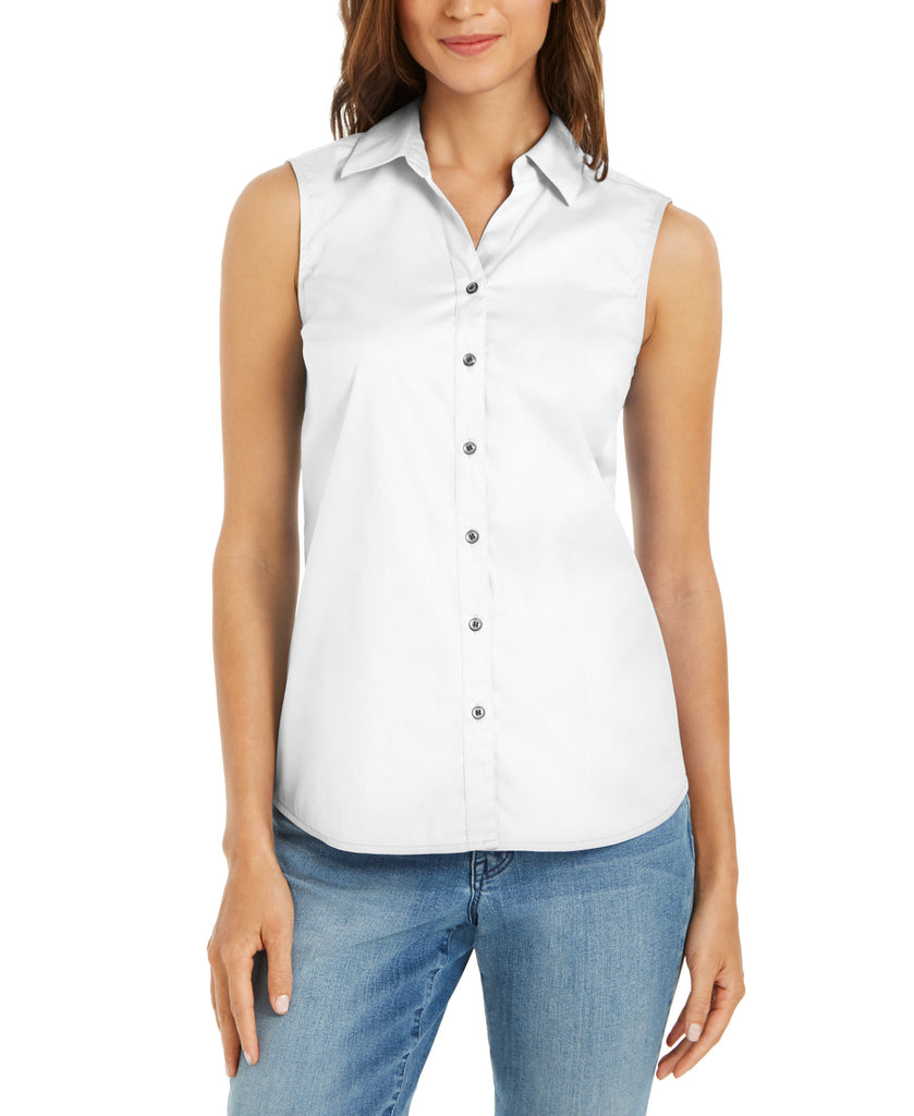 Charter Club Women Petite Sleeveless Button Up Shirt Bright White