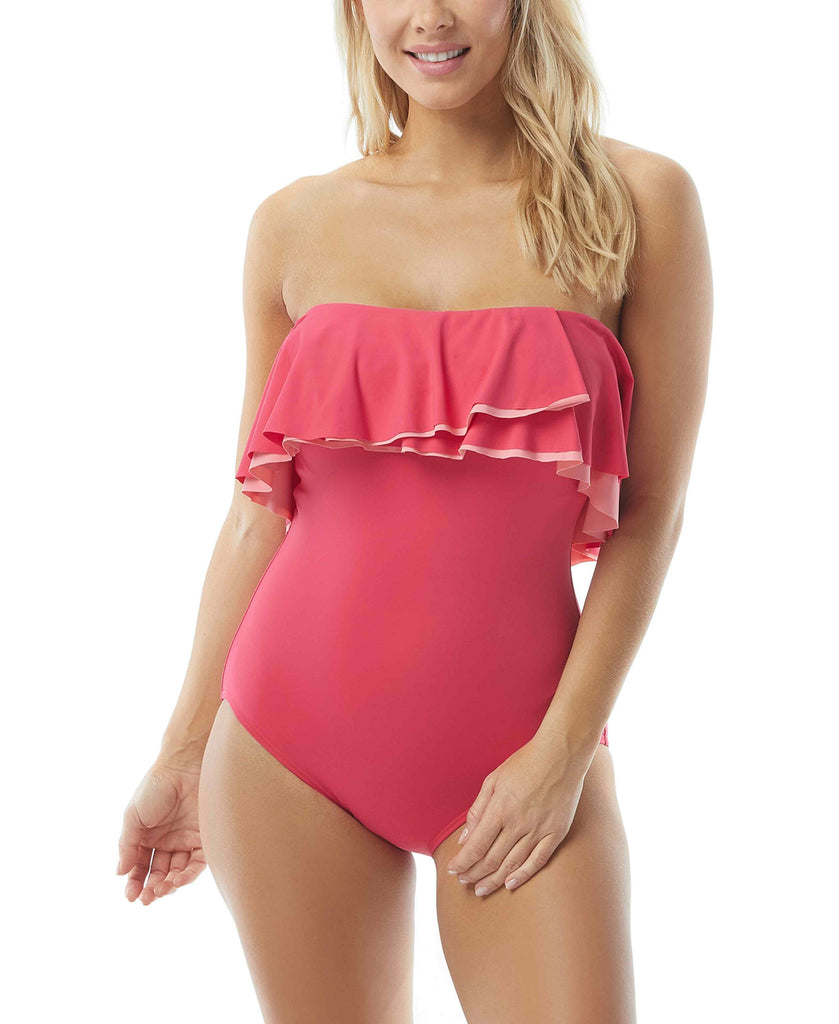 Coco Reef Women Contours Ruffled Strapless Tummy Control One Piece Swimsuit Hibiscus