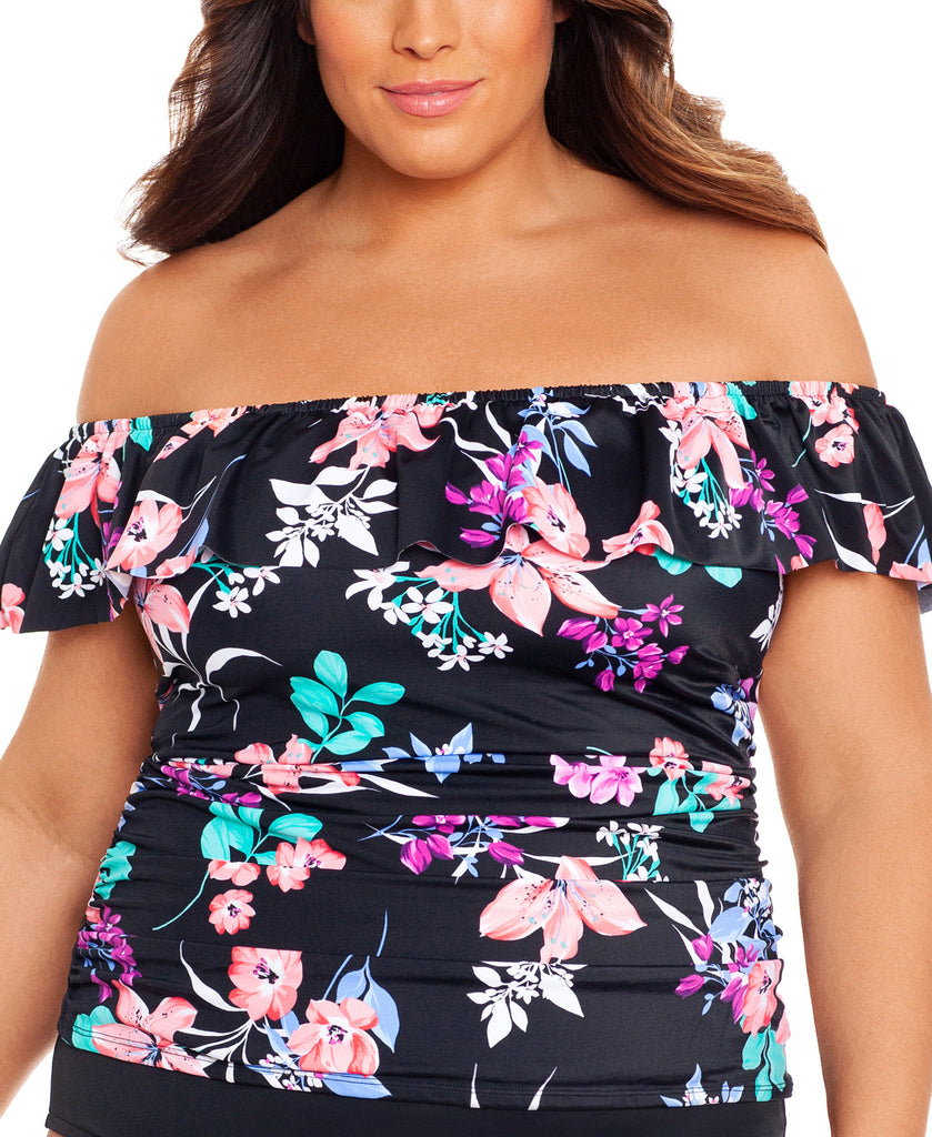 Swim Solutions Women Plus Printed Ruffled Off The Shoulder Tankini Top Black