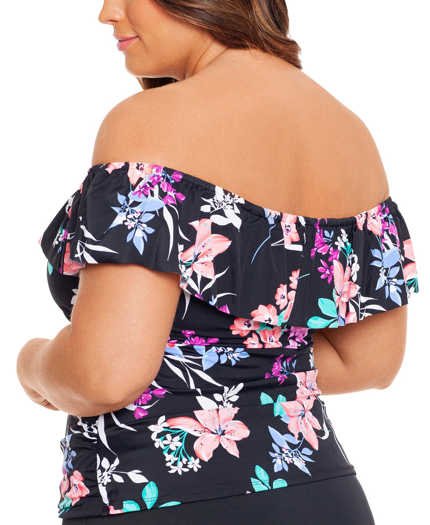 Swim Solutions Women Plus Printed Ruffled Off The Shoulder Tankini Top