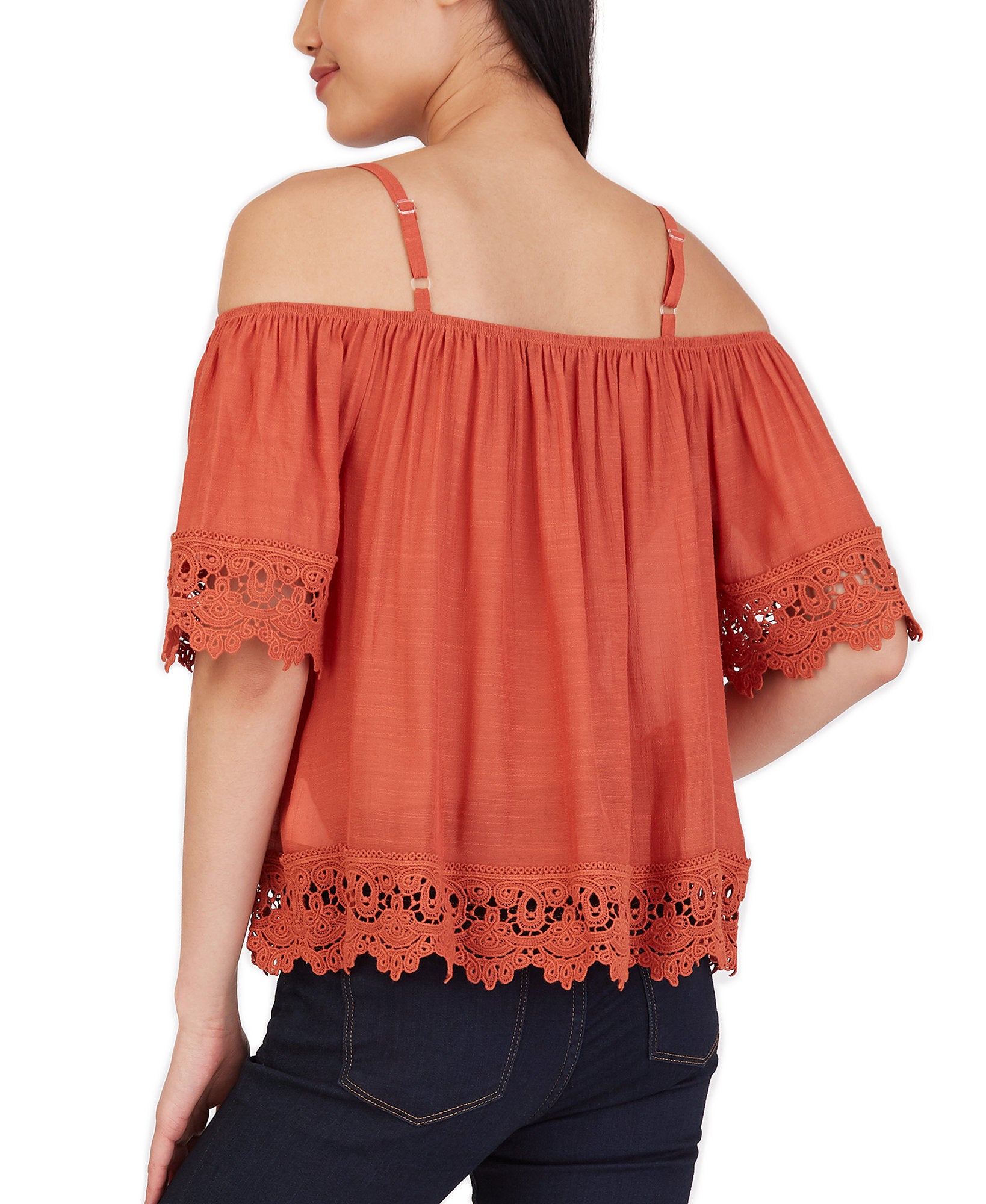 BCX Women Crochet Trim Cold Shoulder Top