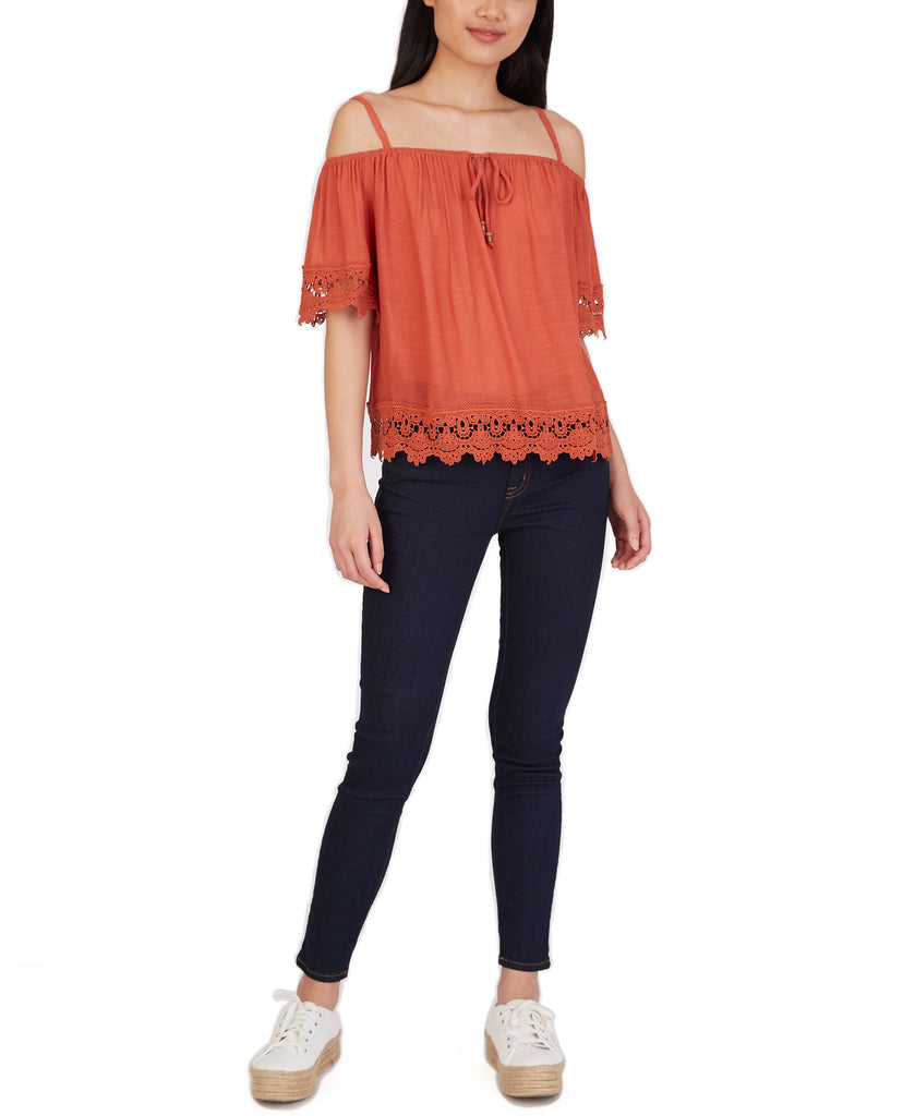 BCX Women Crochet Trim Cold Shoulder Top