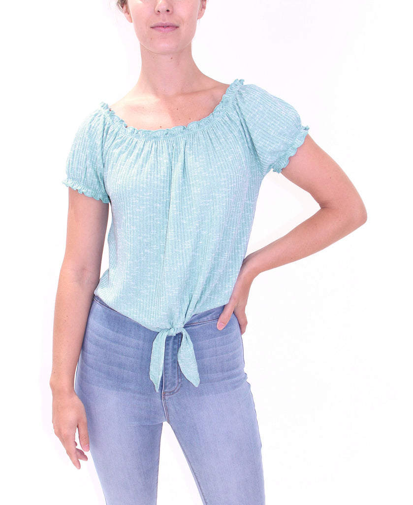 Crave Fame Women Puff Sleeve Off Shoulder Tie Front Top Aqua