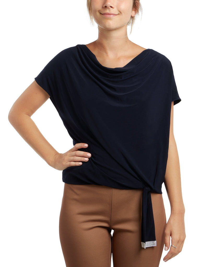 MSK Women Embellished Tie Cowlneck Top Navy