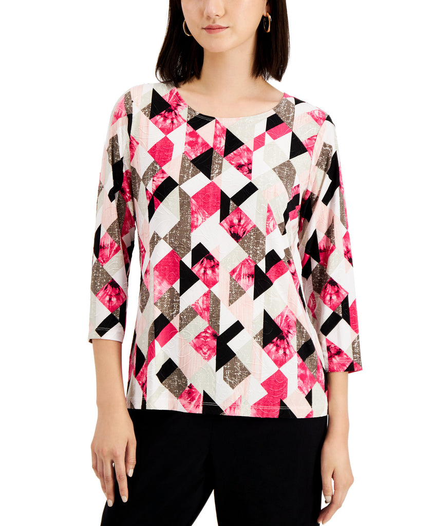 JM Collection Women Printed Jacquard Top Steel Rose Combo