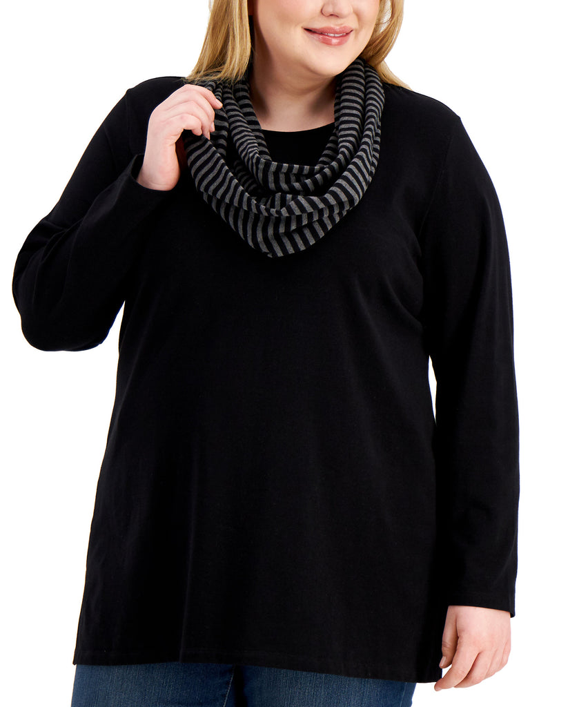 Karen Scott Women Plus Removable Scarf Top Black