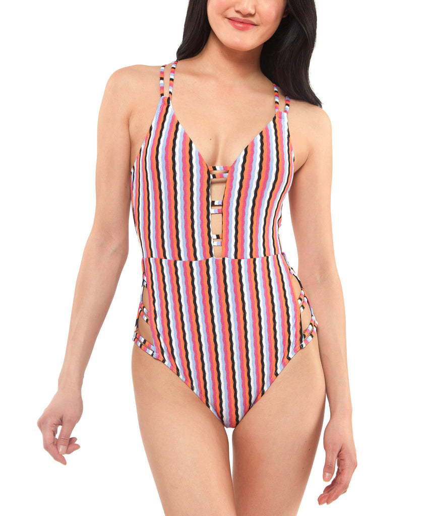 Jessica Simpson Women Got the Groove Plunge Strappy One Piece Swimsuit Blue Mist Multi