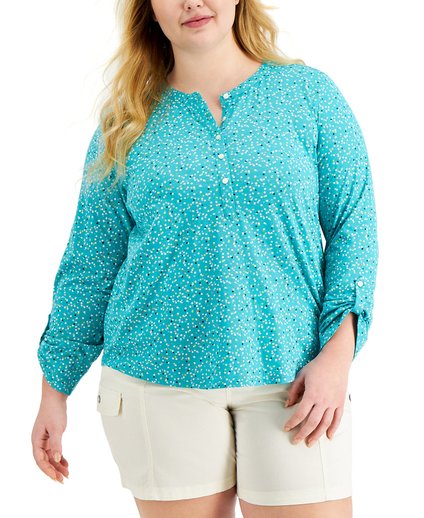 Style & Co Women Plus Cotton Printed Top Dots Teal