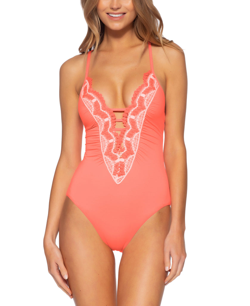 Becca by Rebecca Women Delilah Plunge One Piece Swimsuit Coral Crush