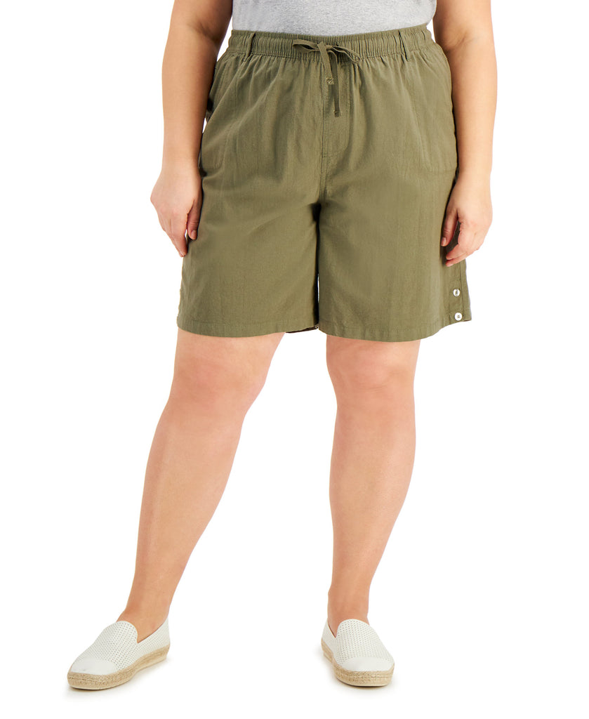 Karen Scott Women Plus Lisa Cotton Drawstring Waist Shorts Olive Sprig