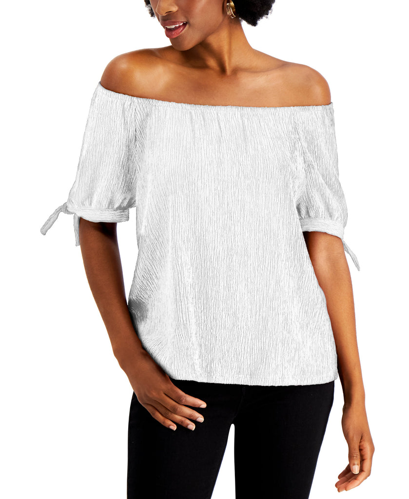 Style & Co Women Off The Shoulder Tie Sleeve Top Winter White