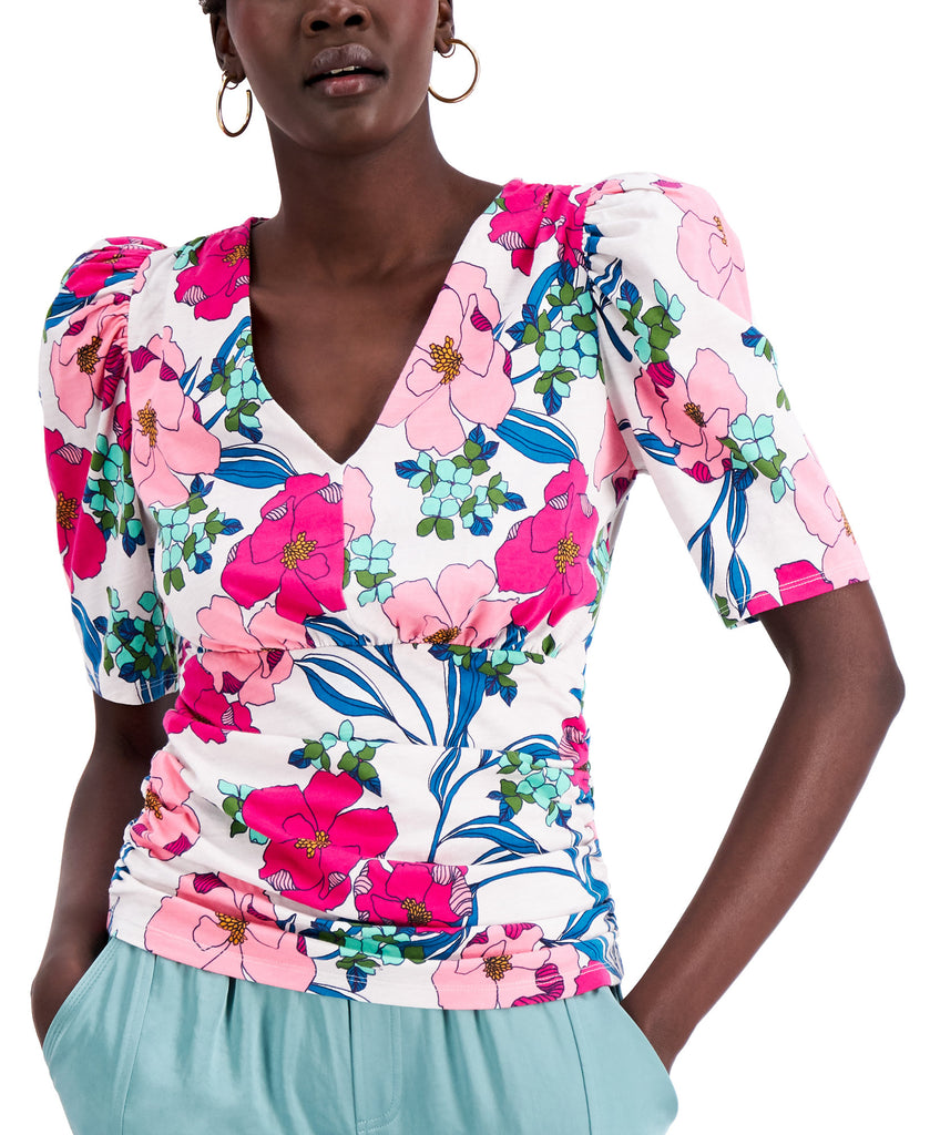 INC International Concepts Women Cotton Printed Puff Sleeve Top Naveena Floral