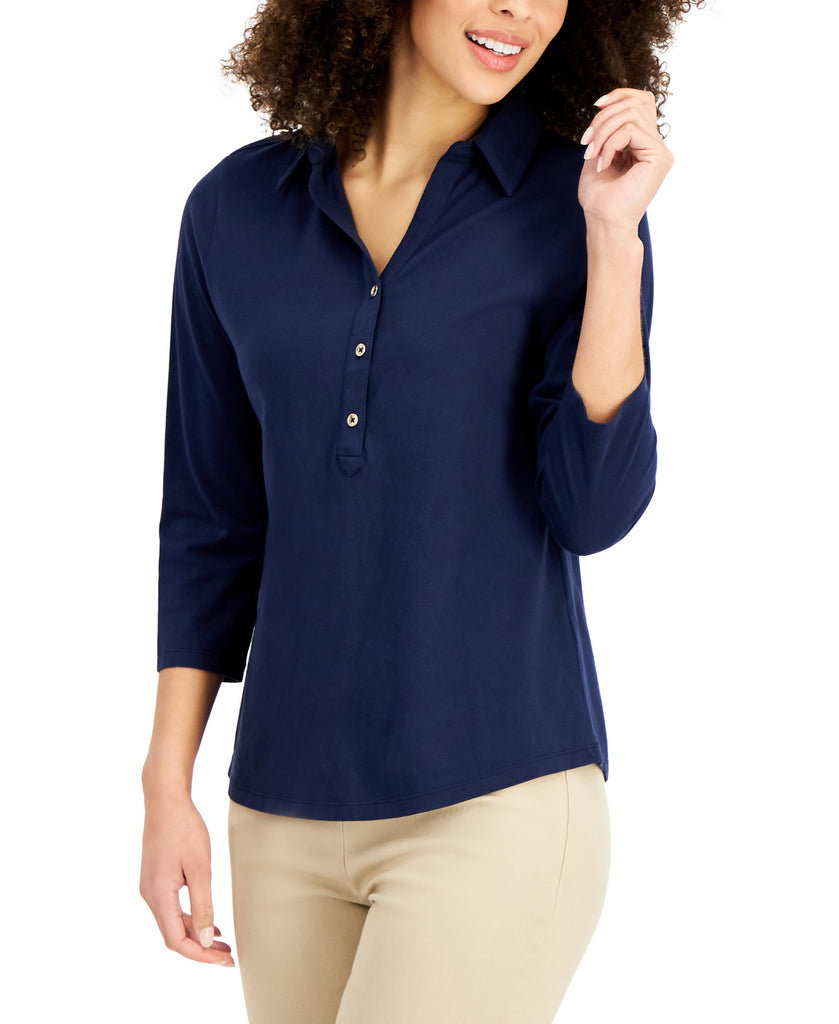 Charter Club Women Petite Cotton Polo Top Intrepid Blue