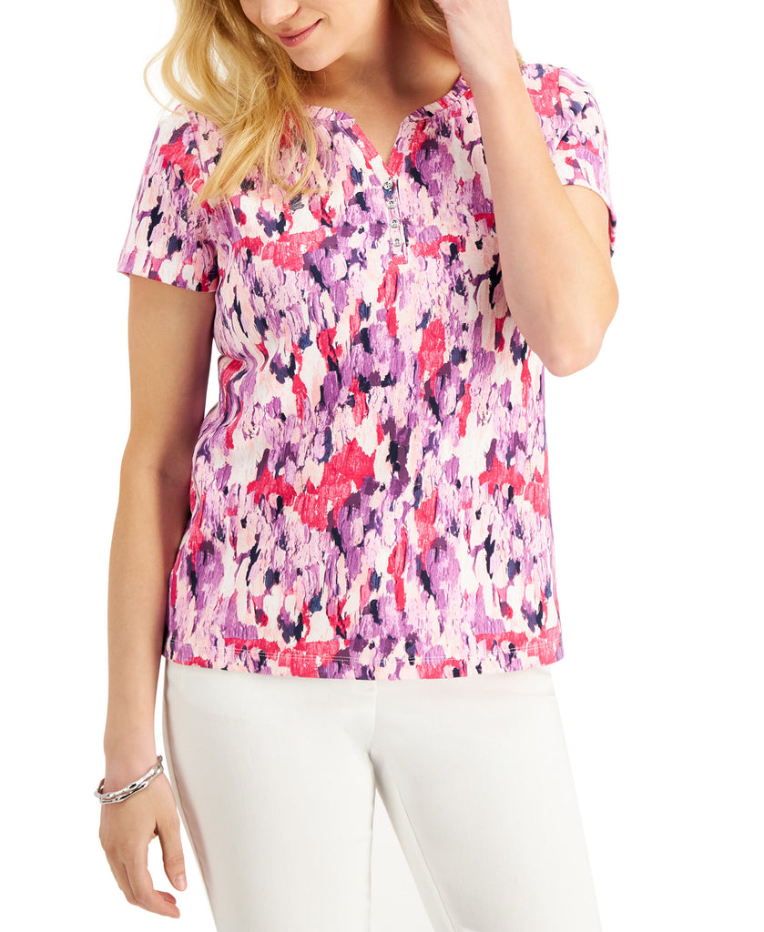 Karen Scott Women Abstract Paint Split Neck Top Pink Peacock