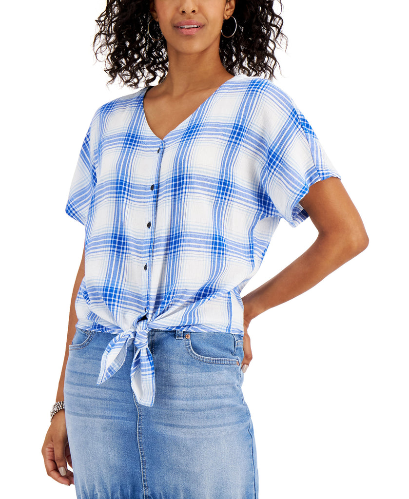 Style & Co Women Printed Button Down Tie Front Top White Blue Plaid