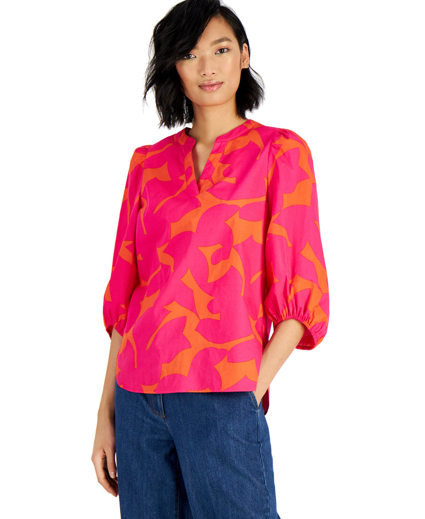 Bar III Women Cotton Printed Balloon Sleeve Blouse Daylily Pink Punch