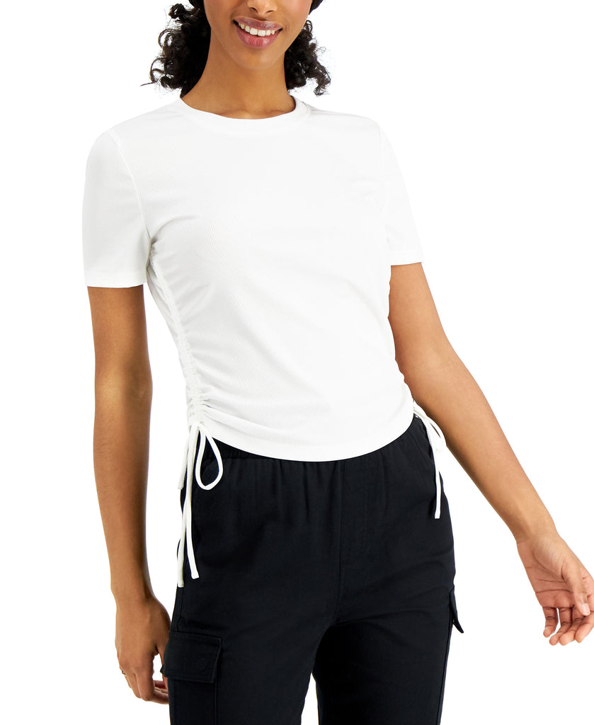 LEYDEN Women Ruched Ribbed Knit Top Ivory