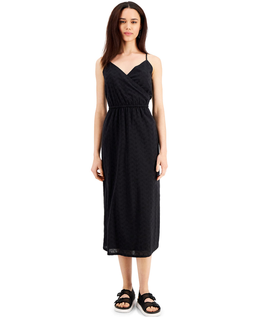 Style & Co Women Petite Cotton Eyelet Wrap Front Midi Dress Black