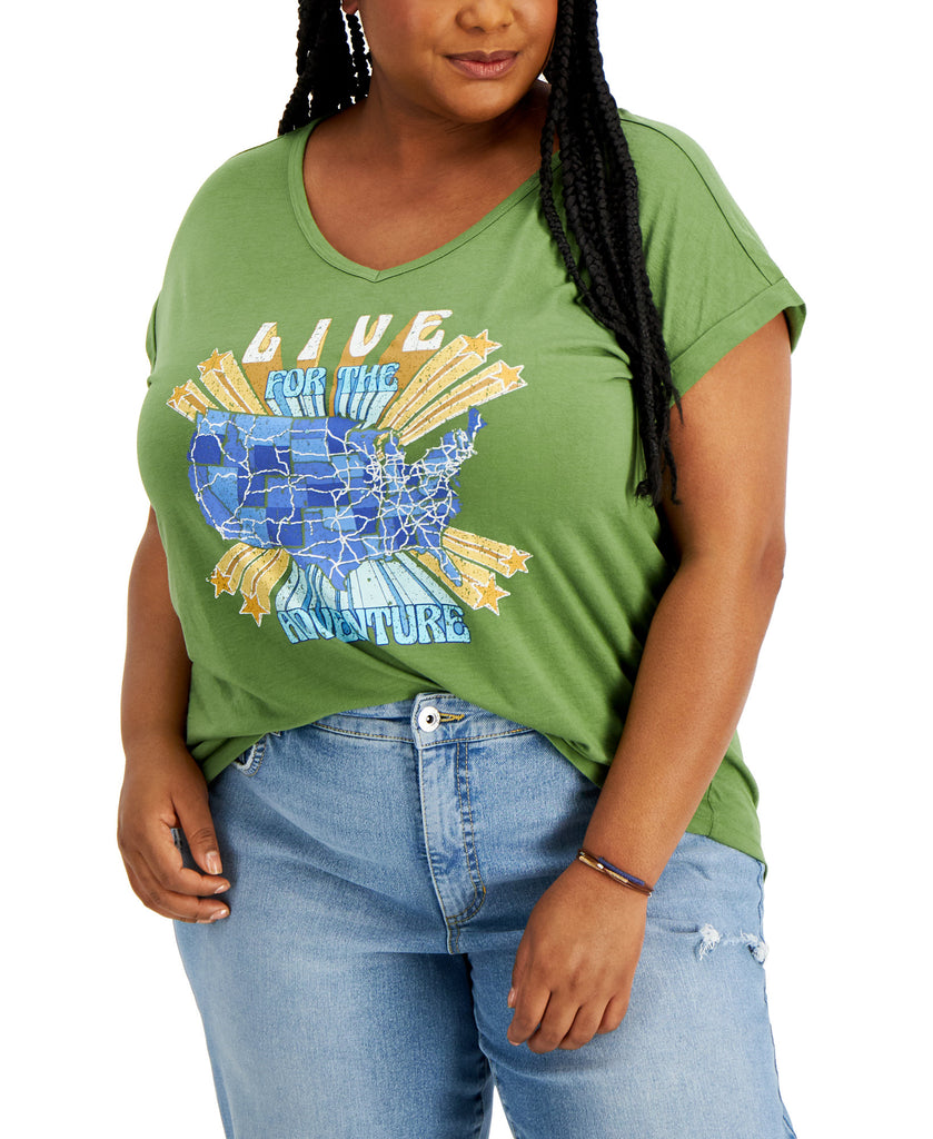 Style & Co Women Plus Graphic Print V Neck T Shirt Adventure