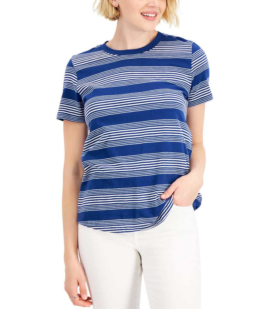 Style & Co Women Striped Cotton T Shirt Stripe Navy