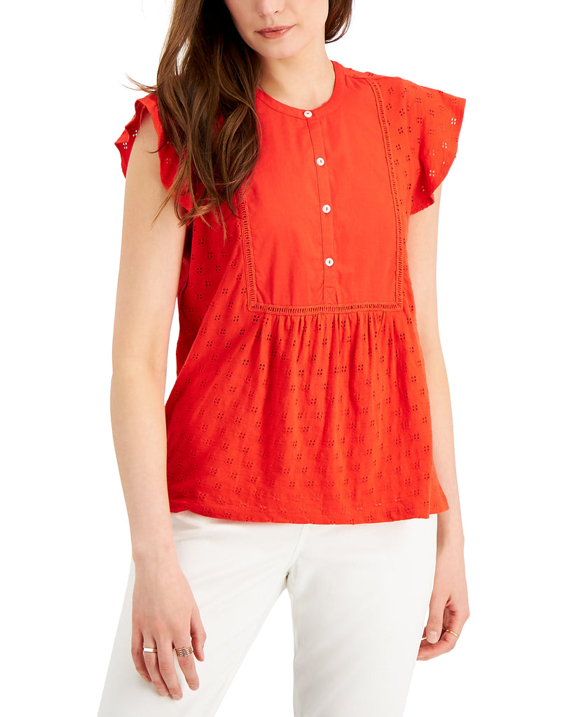 Style & Co Women Cotton Ruffled Sleeve Eyelet Top Loving Red