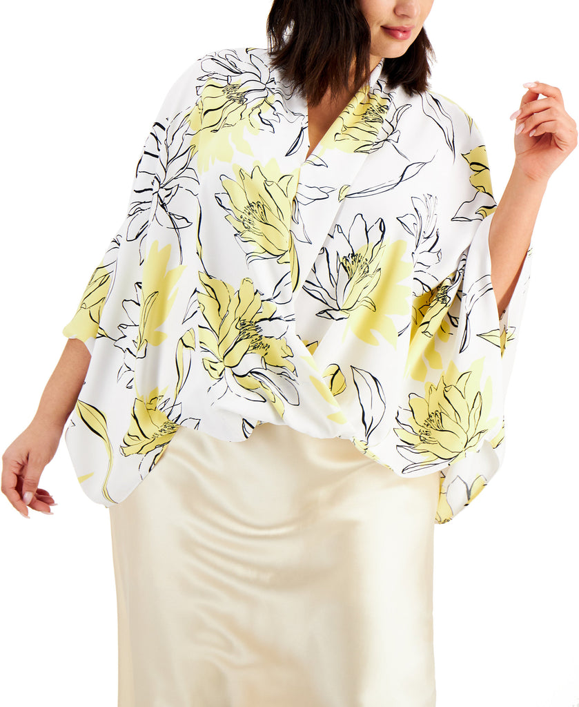 Alfani Women Plus Printed Draped Top Yellow Lily Floret