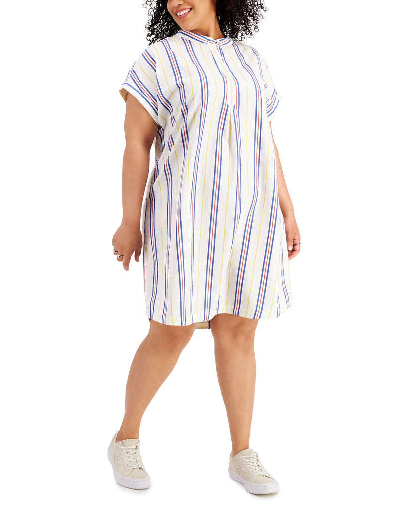 Style & Co Women Plus Cotton Striped Camp Shirtdress Bright White Combo