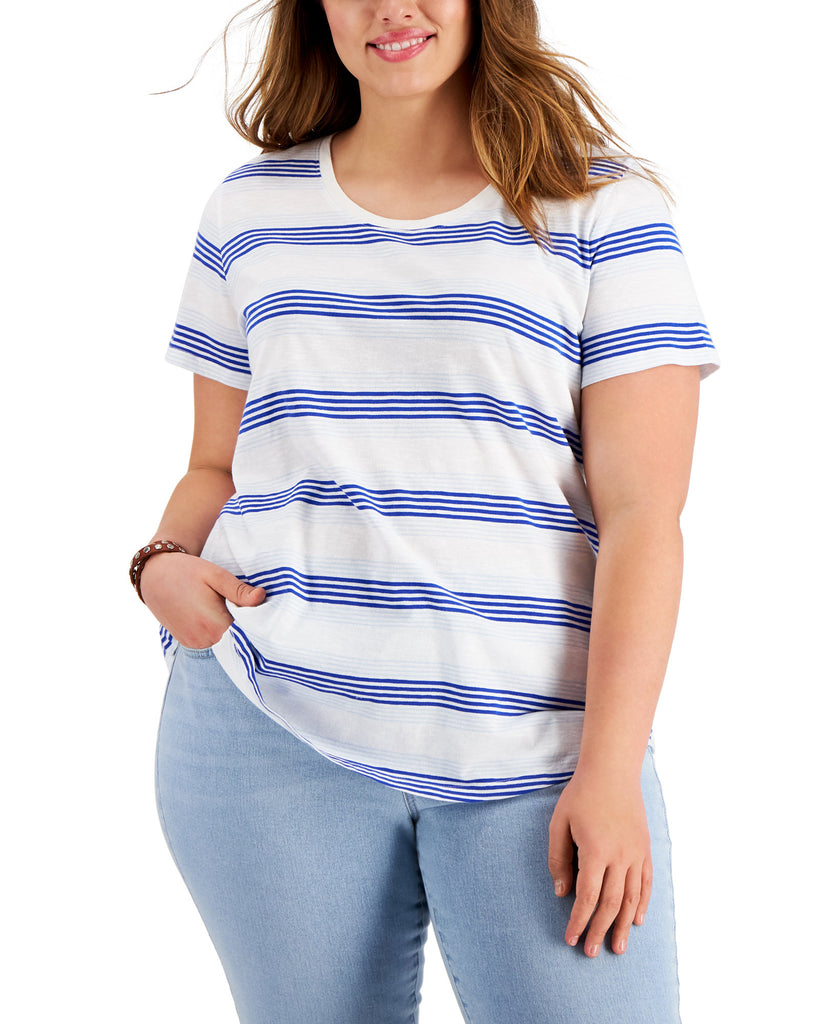 Style & Co Women Plus Cotton Striped T Shirt String Stripe