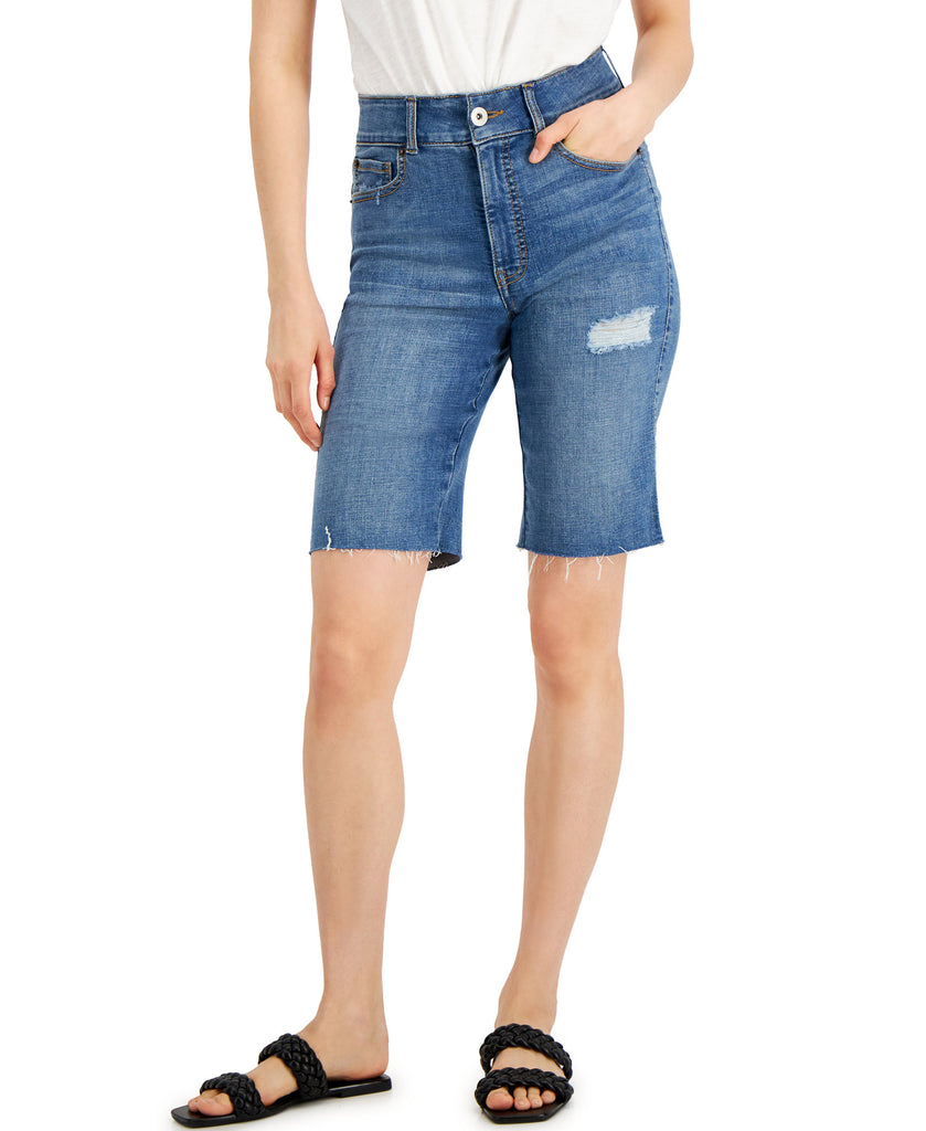 INC International Concepts Women High Rise Sculpting Fit Bermuda Jean Shorts Indigo