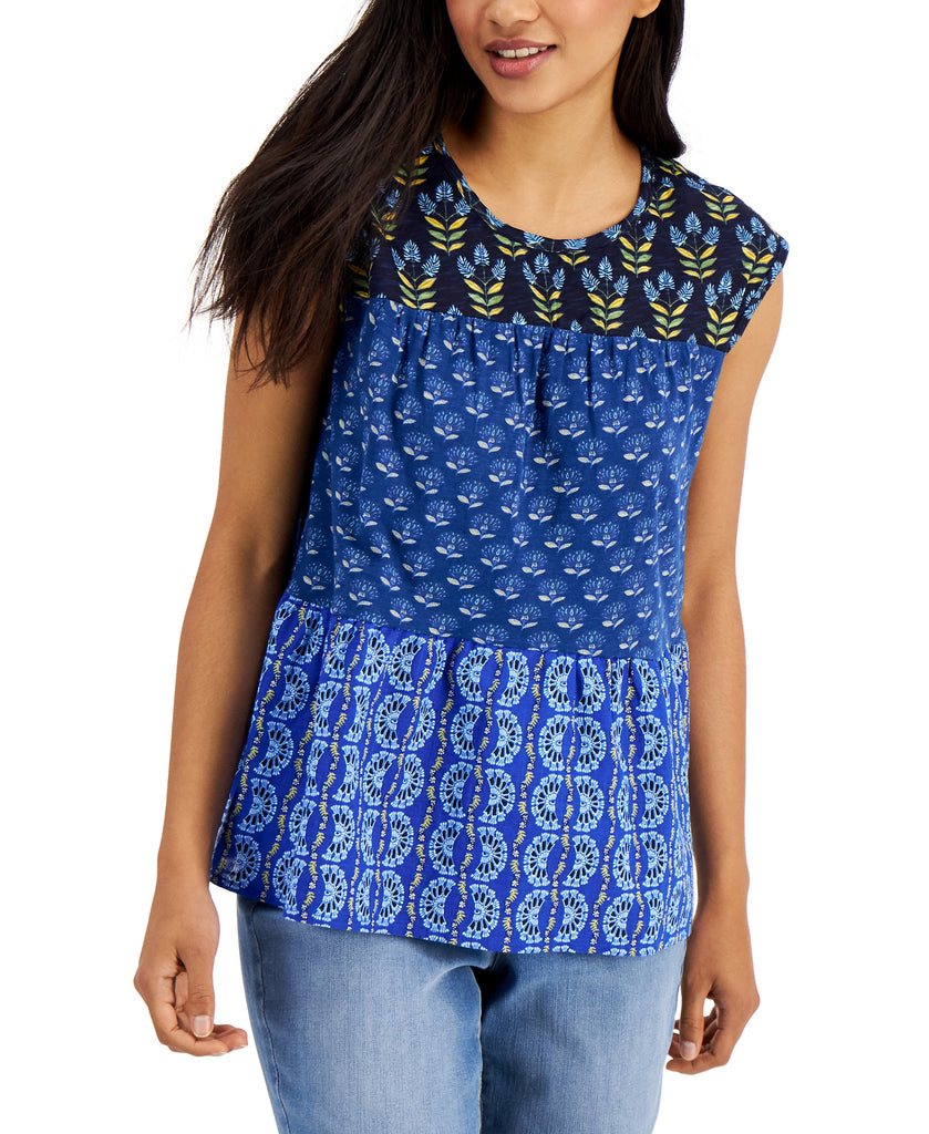 Style & Co Women Plus Printed Peplum Top Woodblock Blue