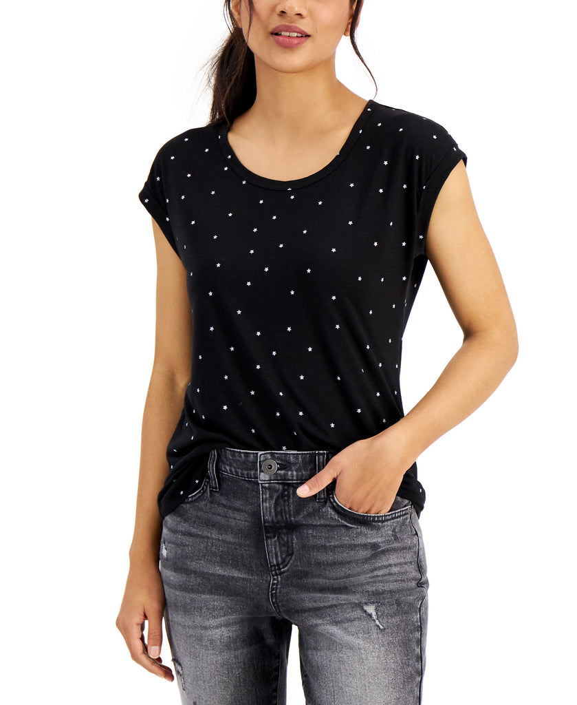 Style & Co Women Star Print Graphic Tee Star Dot Black