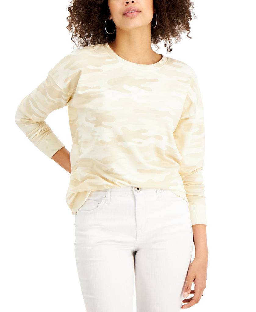 Style & Co Women Printed Crewneck Sweatshirt Camo Neutrals