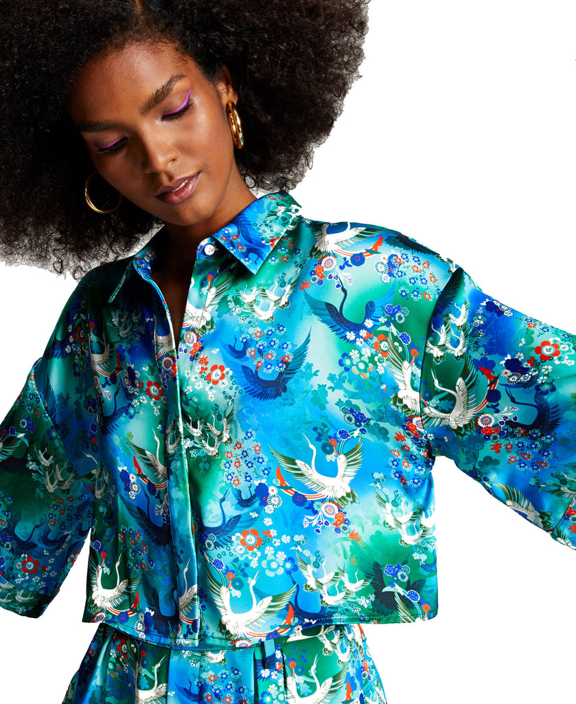 INC International Concepts Women Misa Hylton for Printed Boxy Cropped Shirt Fari Sky