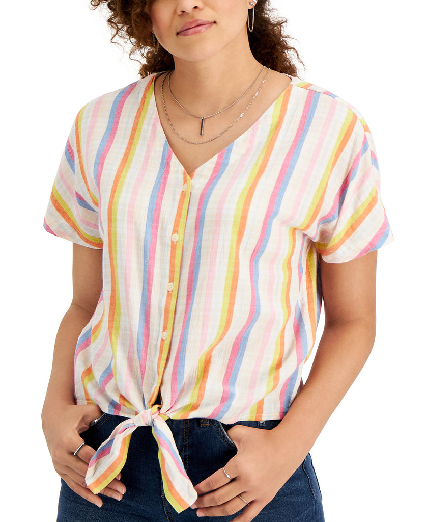 Style & Co Women Striped Tie Front Gauze Top Bright White