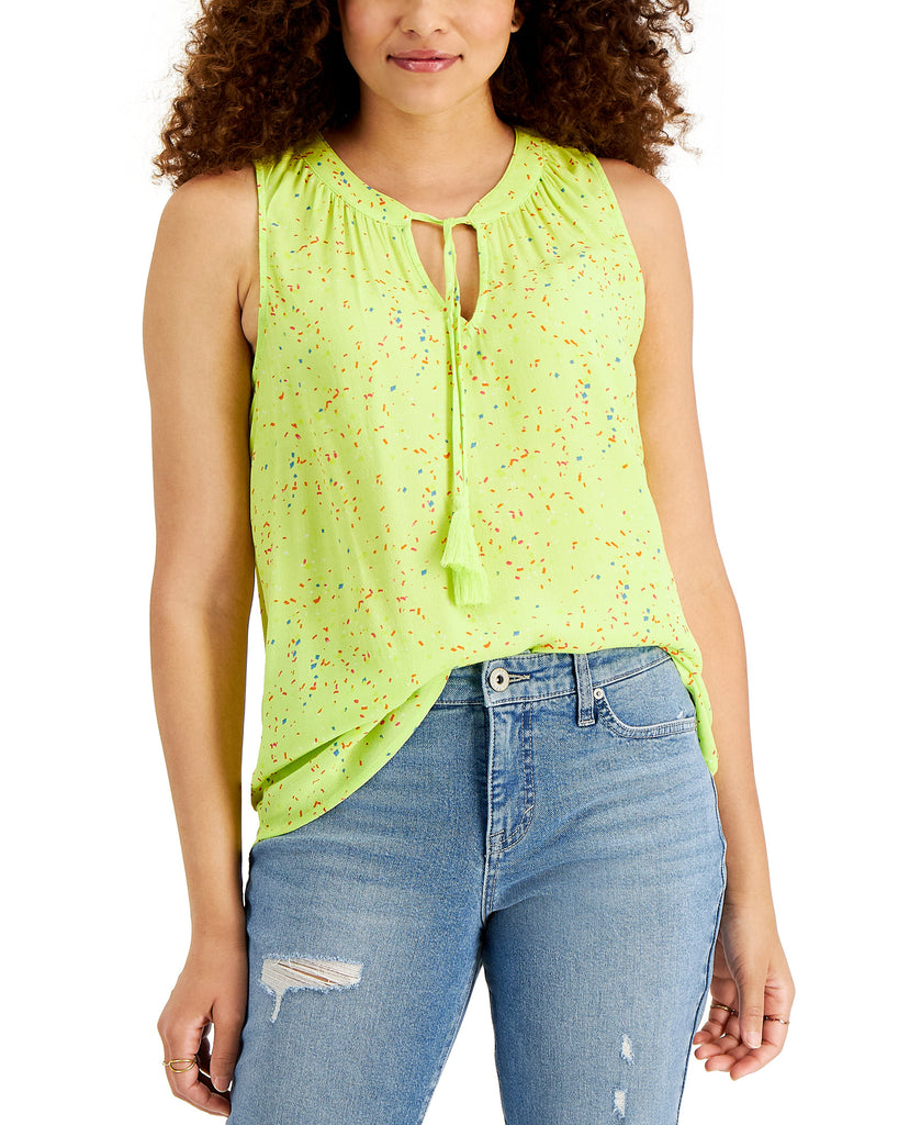 Style & Co Women Confetti Print Split Neck Tassel Tank Citrus Freeze