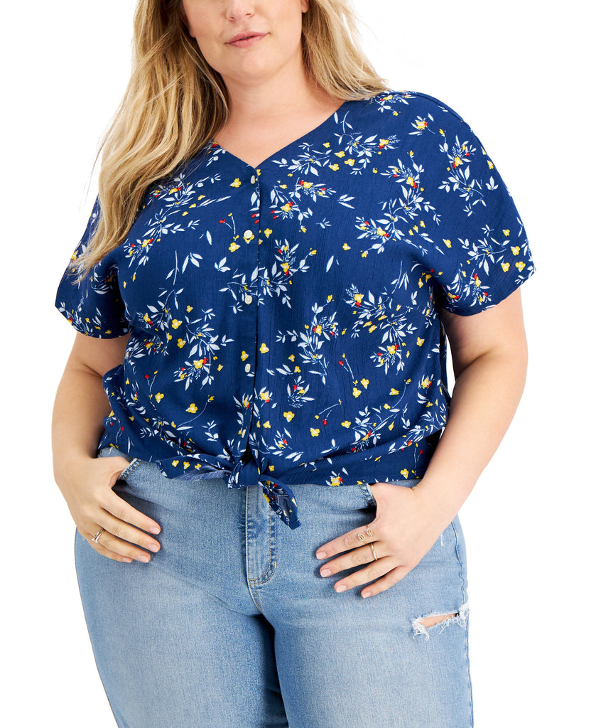 Style & Co Women Plus Floral Tie Front Top Navy Peony