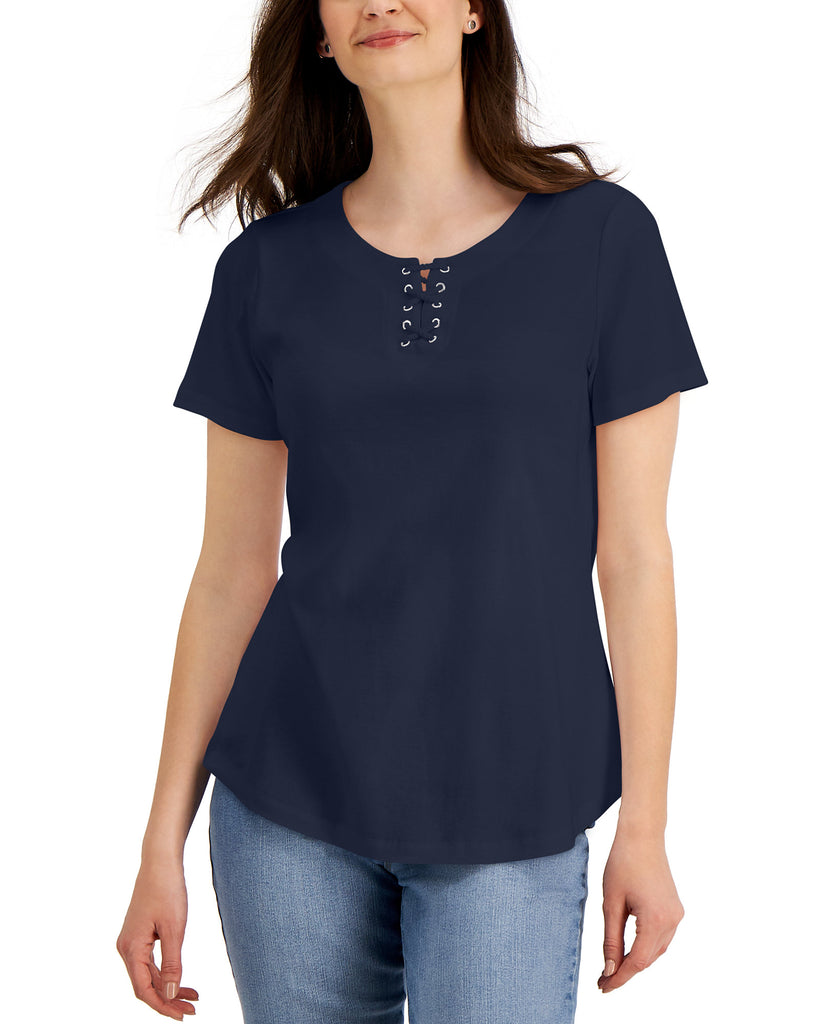 Karen Scott Women Cotton Lace Up Top Intrepid Blue