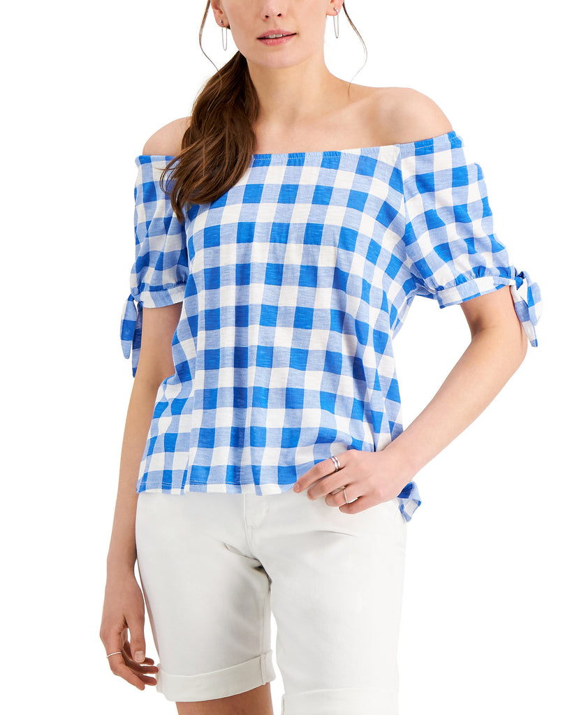 Style & Co Women Off the Shoulder Gingham Top Gingham Sonic