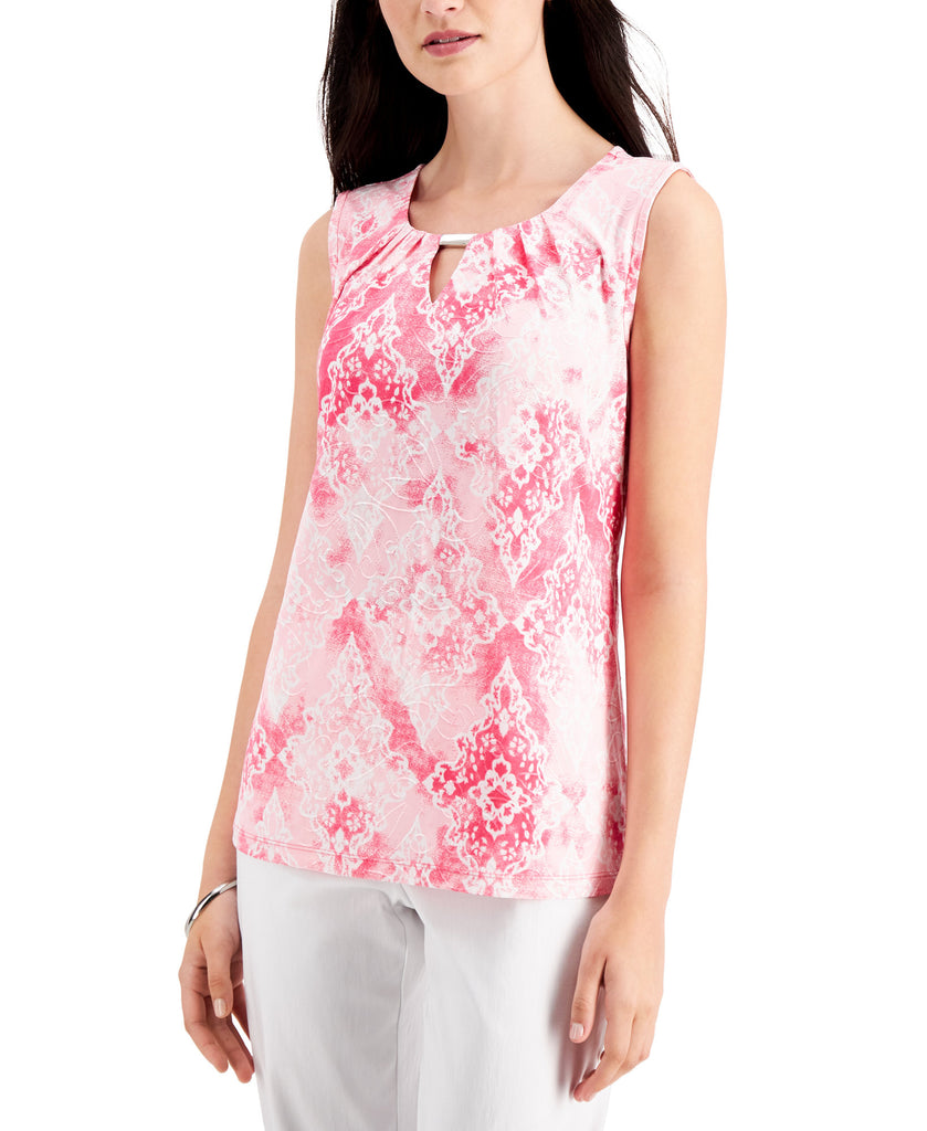 JM Collection Women Printed Jacquard Keyhole Neck Top Berry Sorbet Combo