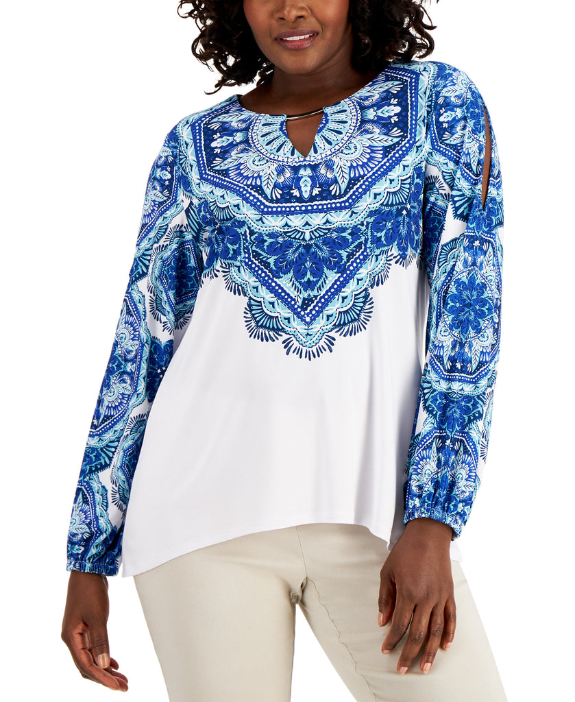 JM Collection Women Adorned Printed Top Bright White Combo