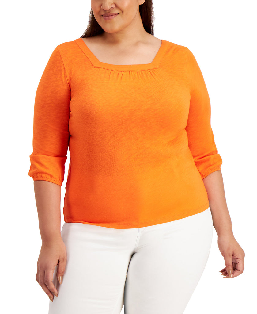 Style & Co Women Plus 3 4 Sleeve Square Neck Top Wild Orange