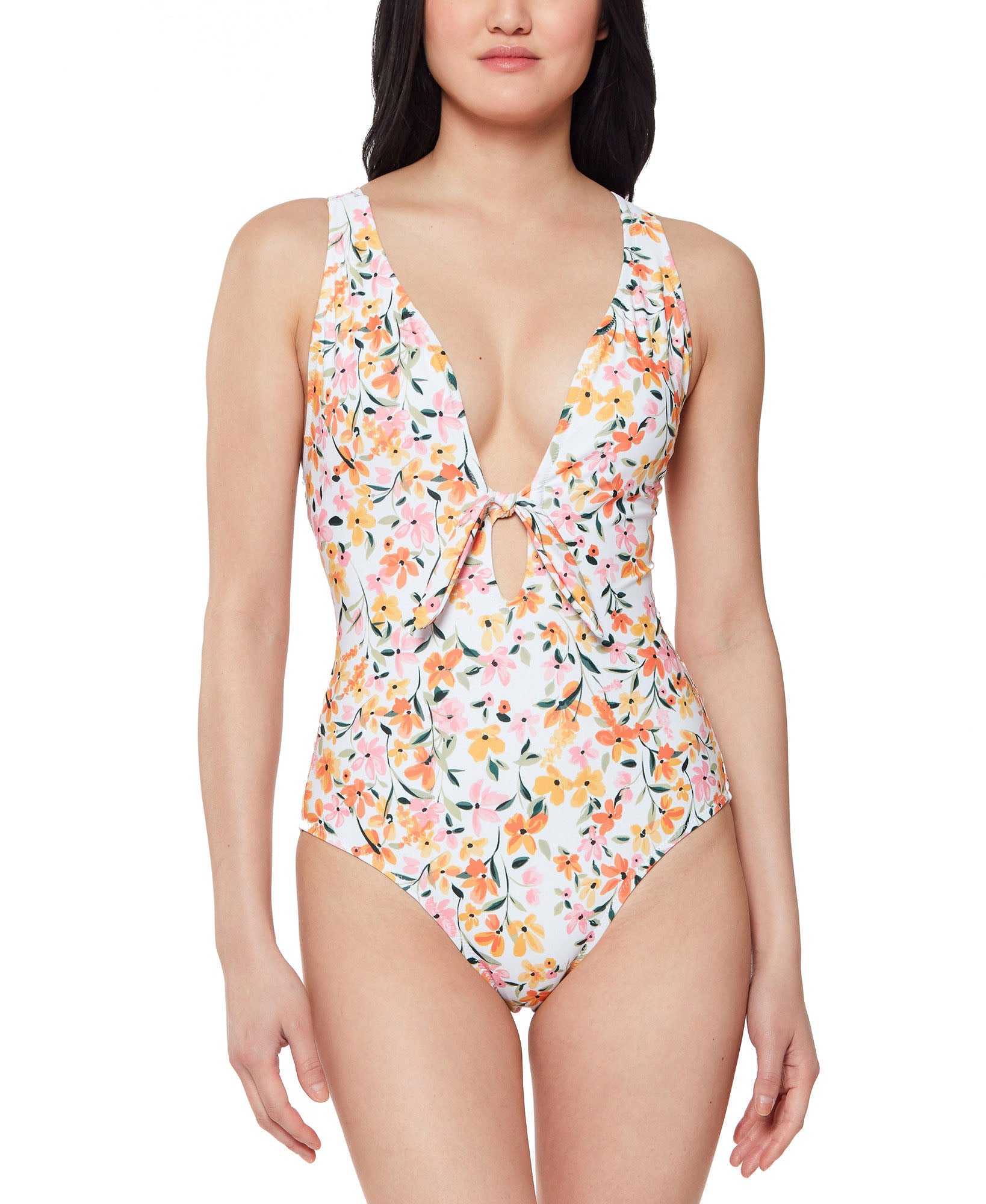 Jessica Simpson Women Summer Dreaming Tie Front One Piece Swimsuit Sunset Multi