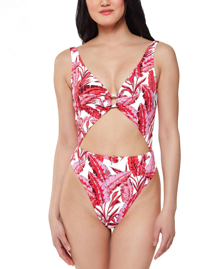 Jessica Simpson Women Printed Paradiso Palm O Ring Cut Out One Piece Swimsuit Fuchsia Multi