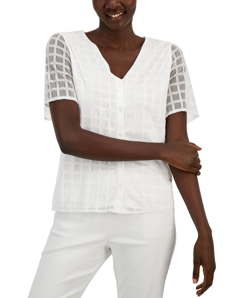 Alfani Women Grid Texture Button Up Shirt Bright White