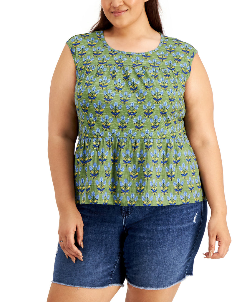 Style & Co Women Plus Printed Peplum Top Woodblock Green