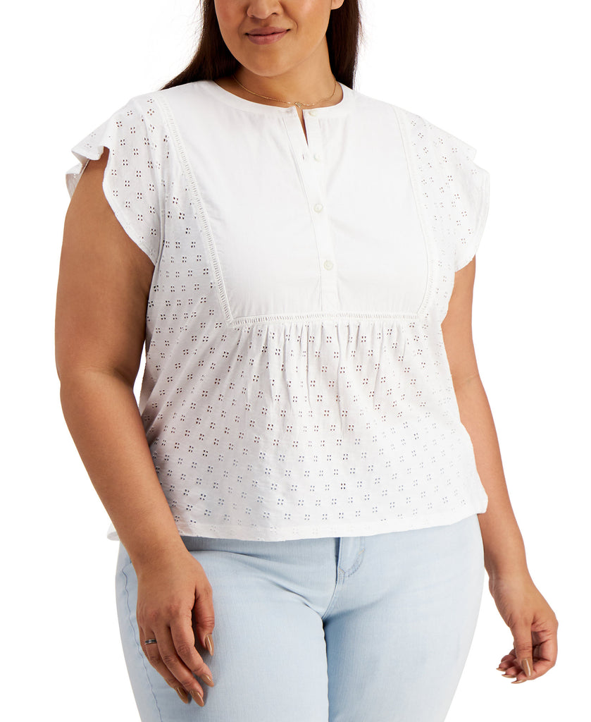 Style & Co Women Plus Cotton Eyelet Top Bright White