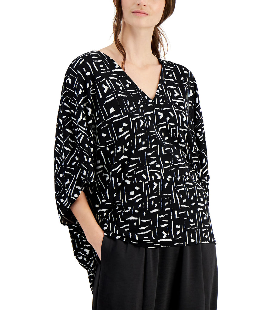 Alfani Women V Neck Geometric Print High Low Hem Top Black Exotic Geometric