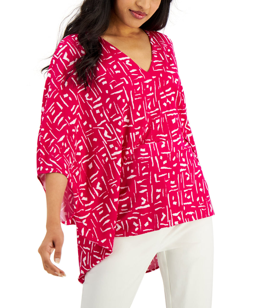 Alfani Women V Neck Geometric Print High Low Hem Top Fuchsia Exotic Geometric