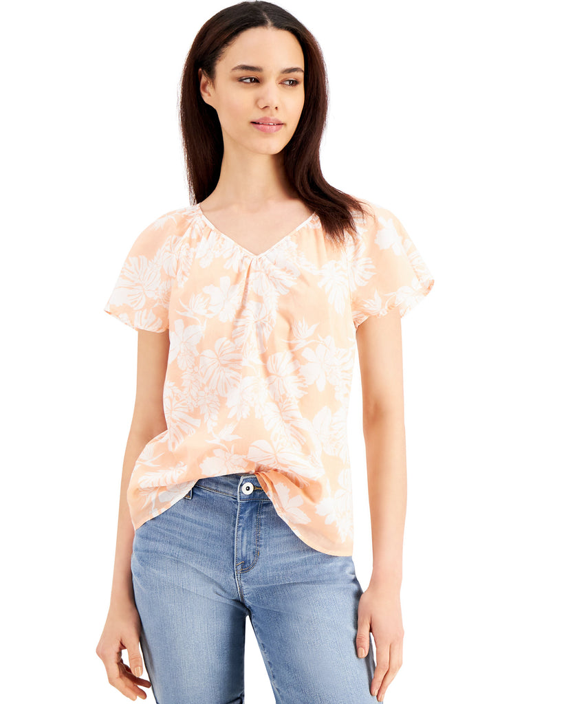 Style & Co Women Printed Flutter Sleeve Top Peach Sherbet